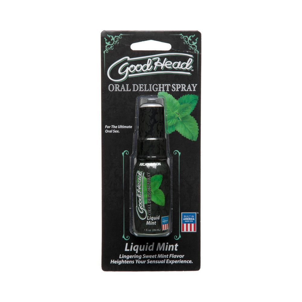GoodHead - Oral Delight Spray - Liquid Mint 1oz Doc Johnson GoodHead Mint Spray black hanging card with one-ounce spray bottle