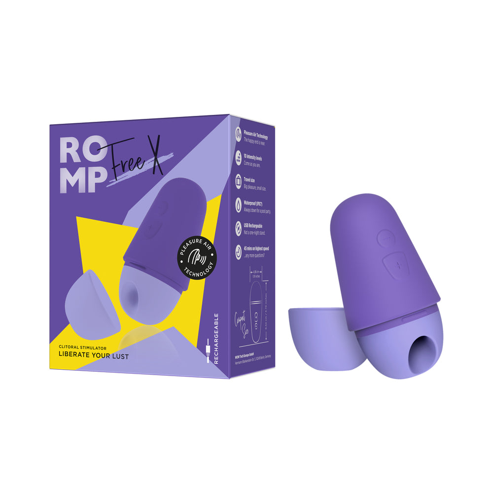 ROMP Free X ROMP Free X purple air-pulse stimulator with detached travel cap beside box