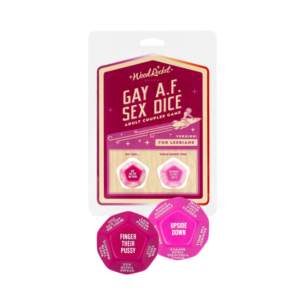 Gay AF Sex Dice: Lesbians Wood Rocket Gay AF Lesbian Sex Dice blister card with two pink prompt dice