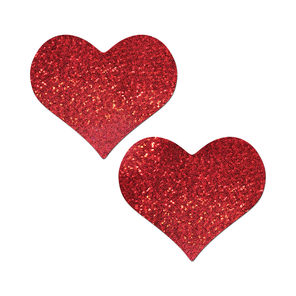 Pastease Heart Glitter Red Full Breast Covers Support Tape pair of red glitter heart-shaped Pastease full breast covers on white background