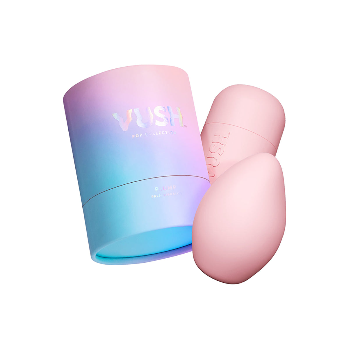 VUSH Plump Palm Vibrator VUSH Plump light-pink palm vibrator egg-shaped body beside gradient storage cylinder
