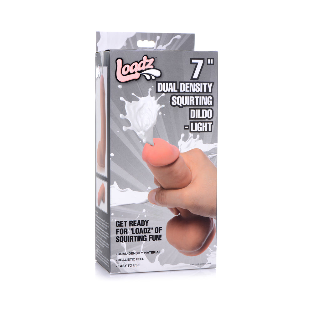 Loadz 7 in. Dual Density Squirting Dildo Light light brown Loadz seven-inch dual-density squirting dildo pictured on gray box