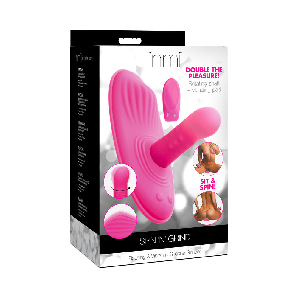 INMI Spin ''N'' Grind Rotating & Vibrating Silicone Grinder INMI Spin N Grind hot-pink silicone grinder with angled shaft on windowed retail box