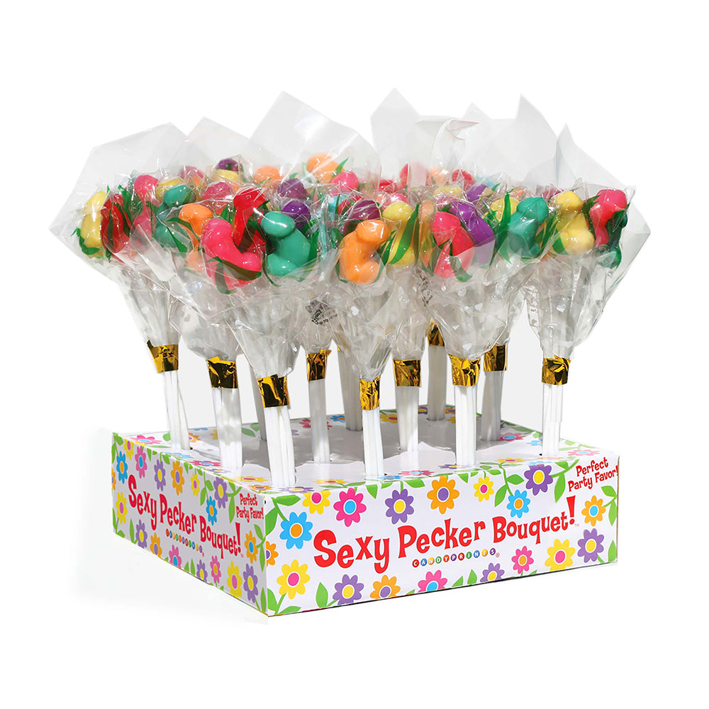 Candy Penis Bouquet Display Little Genie display tray with twelve colorful candy bouquets