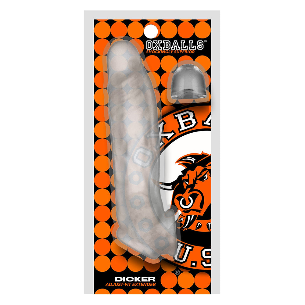 OxBalls Dicker Ultra-Slim Cocksheath Clear Ice clear OxBalls Dicker ultra-slim cocksheath on orange and black hanging card