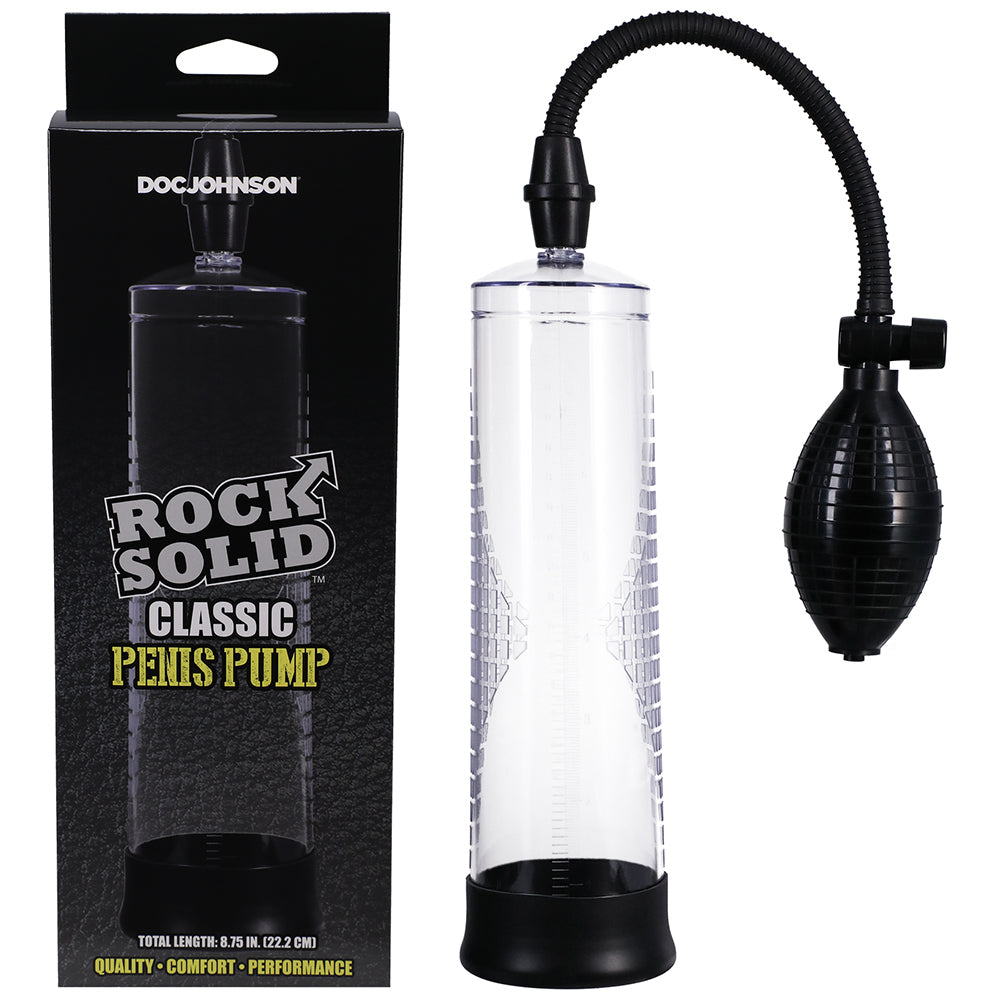Rock Solid Classic Penis Pump Black/Clear Rock Solid Classic clear pump with black box and bulb