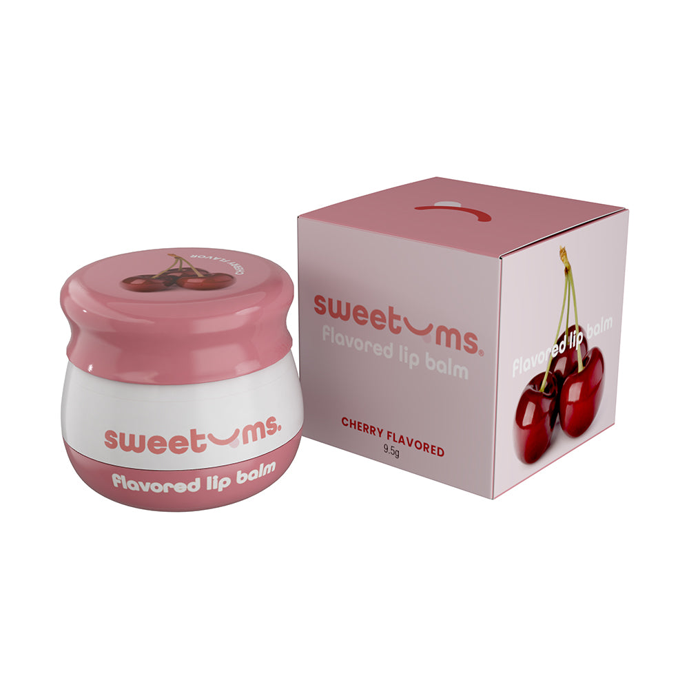 Sweetums Flavored Lip Balm Cherry Sweetums Cherry Lip Balm jar and cherries-illustrated retail box