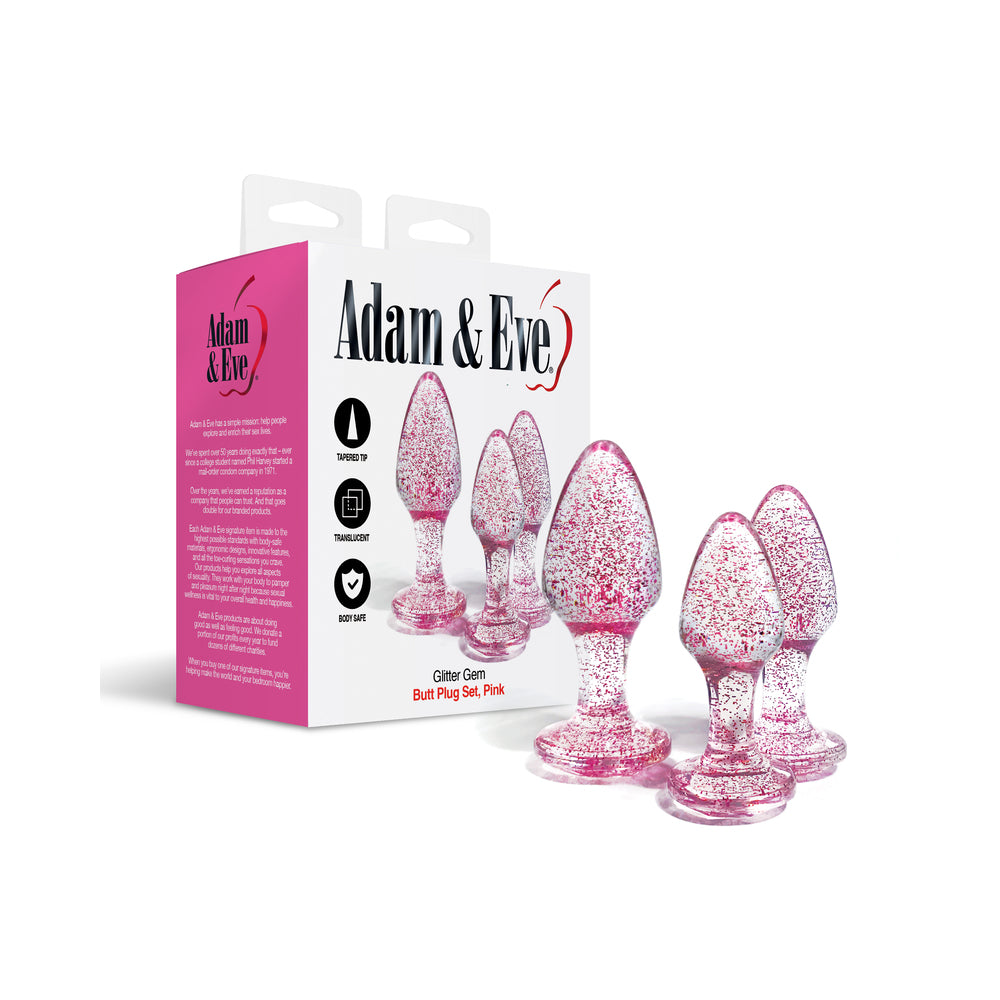 Adam & Eve Glitter Gem Butt Plug Set Pink Adam & Eve pink glitter acrylic plug set with white and pink retail box