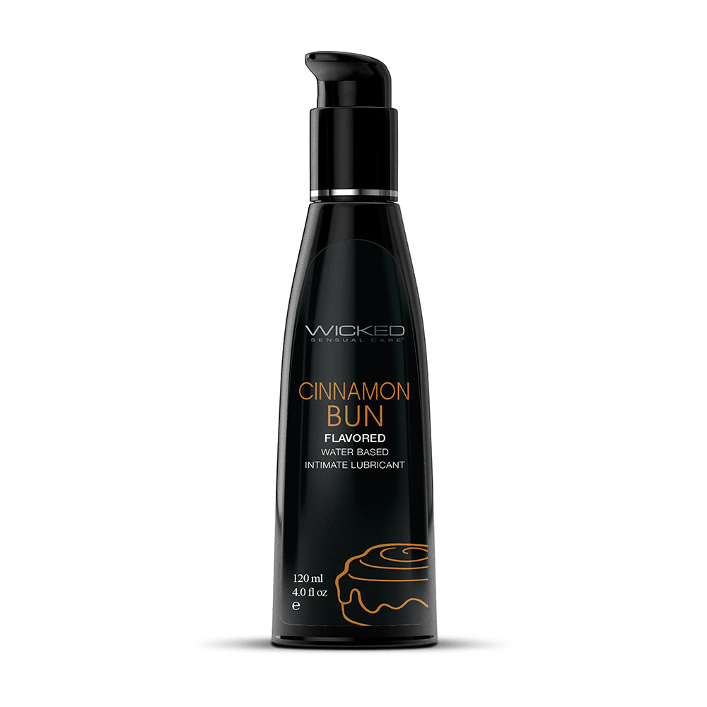 Wicked Aqua Cinnamon Bun Water-Based Lubricant 4 oz. Wicked Aqua Cinnamon Bun 4 oz Lubricant curved black pump bottle front with roll graphic
