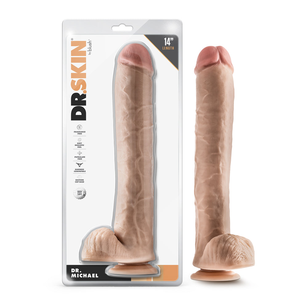 Dr. Skin Dr. Michael 14 in. Dildo with Balls Beige Blush Dr. Skin Dr. Michael beige 14-inch TPE dildo beside front retail package