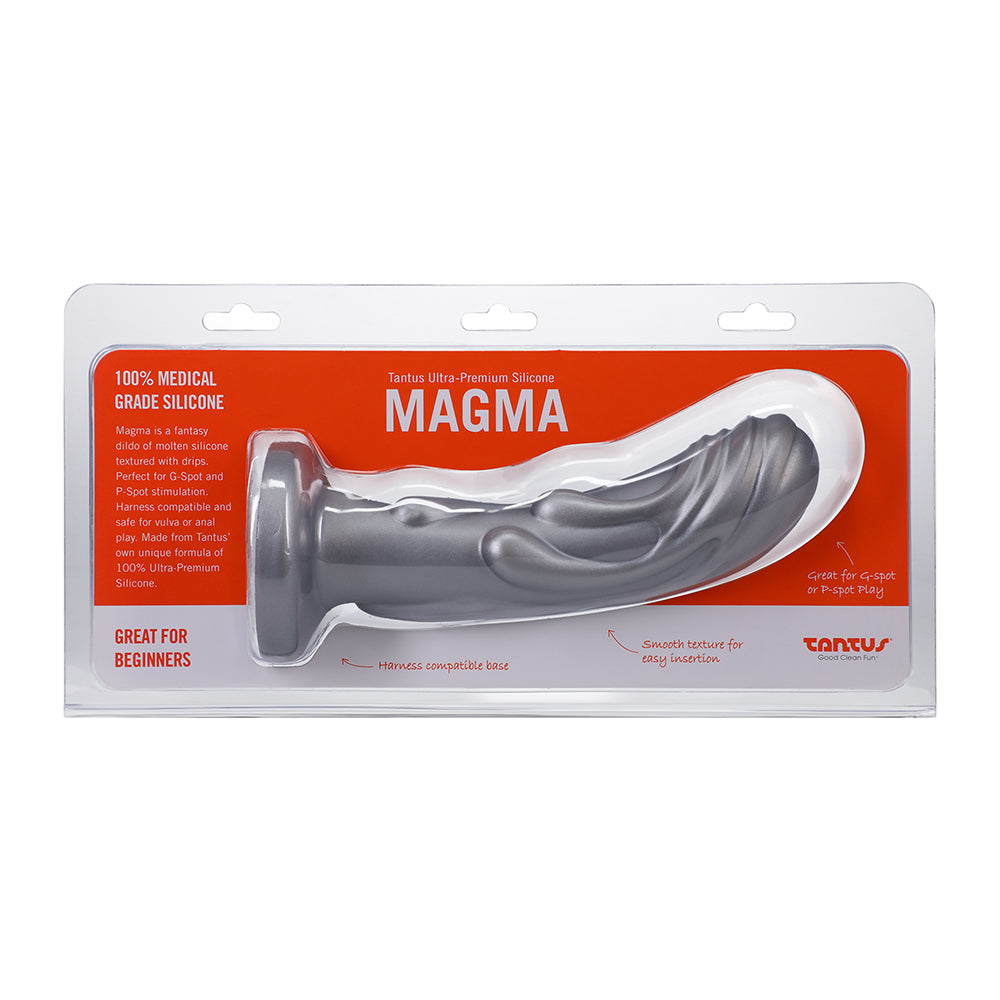 Tantus Magma 7 in. Fantasy Dildo Medium-Firm Silver Tantus Magma silver textured silicone fantasy dildo front retail package