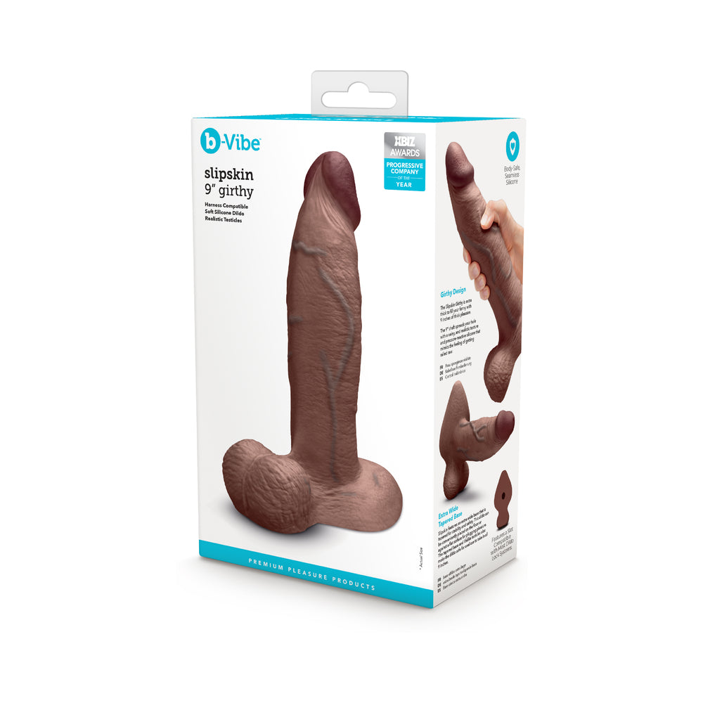 b-Vibe Slipskin Realistic Silicone Dildo 9 in. Girthy Brown Brown 9-inch Slipskin Girthy dildo beside retail box