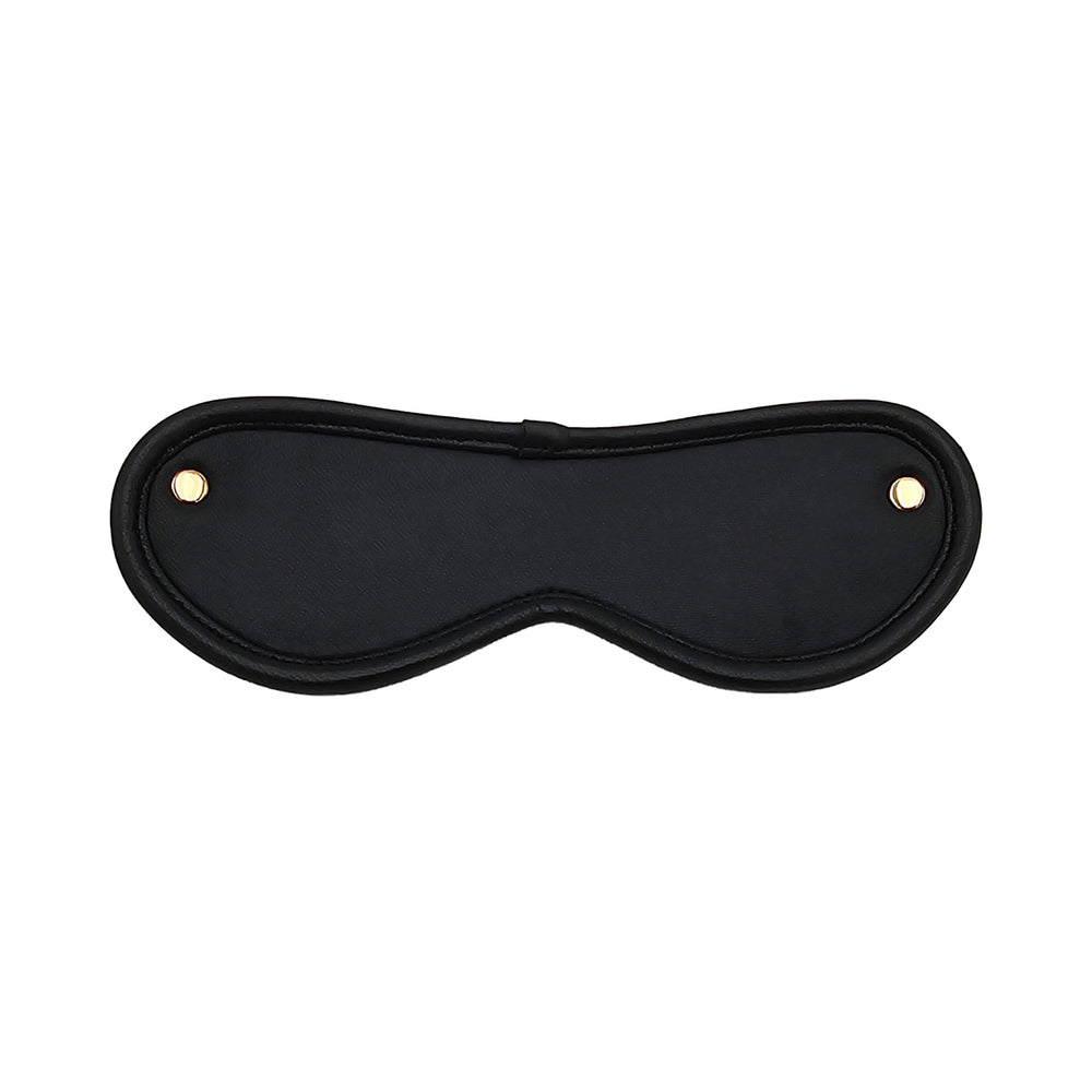 Rouge Leather Blindfold Black with Gold Accessories Rouge black leather contoured blindfold front view showing stitched figure-eight shape