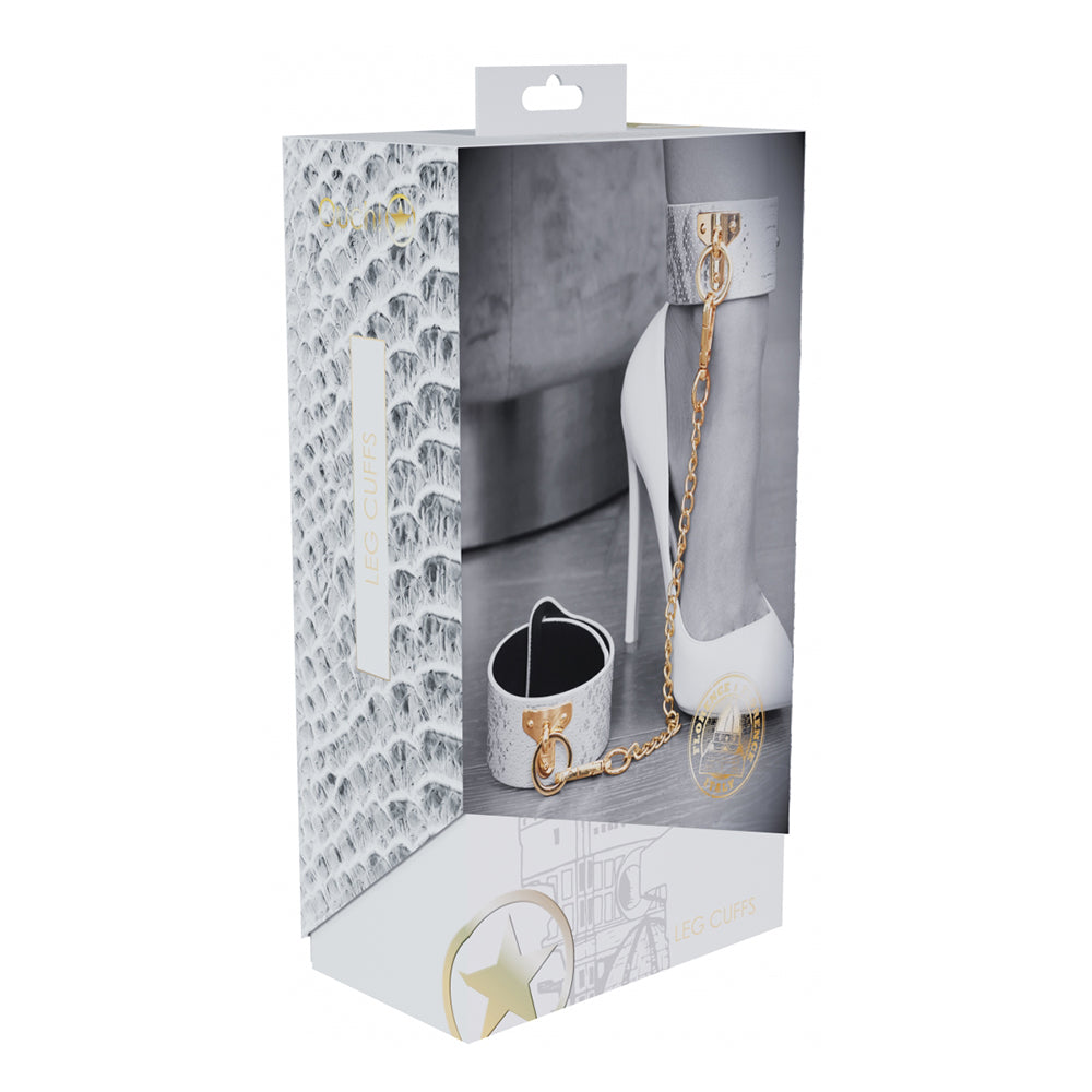 Ouch! International Florence Collection Leg Cuffs White white and silver snakeskin Florence leg cuffs with gold chain on box