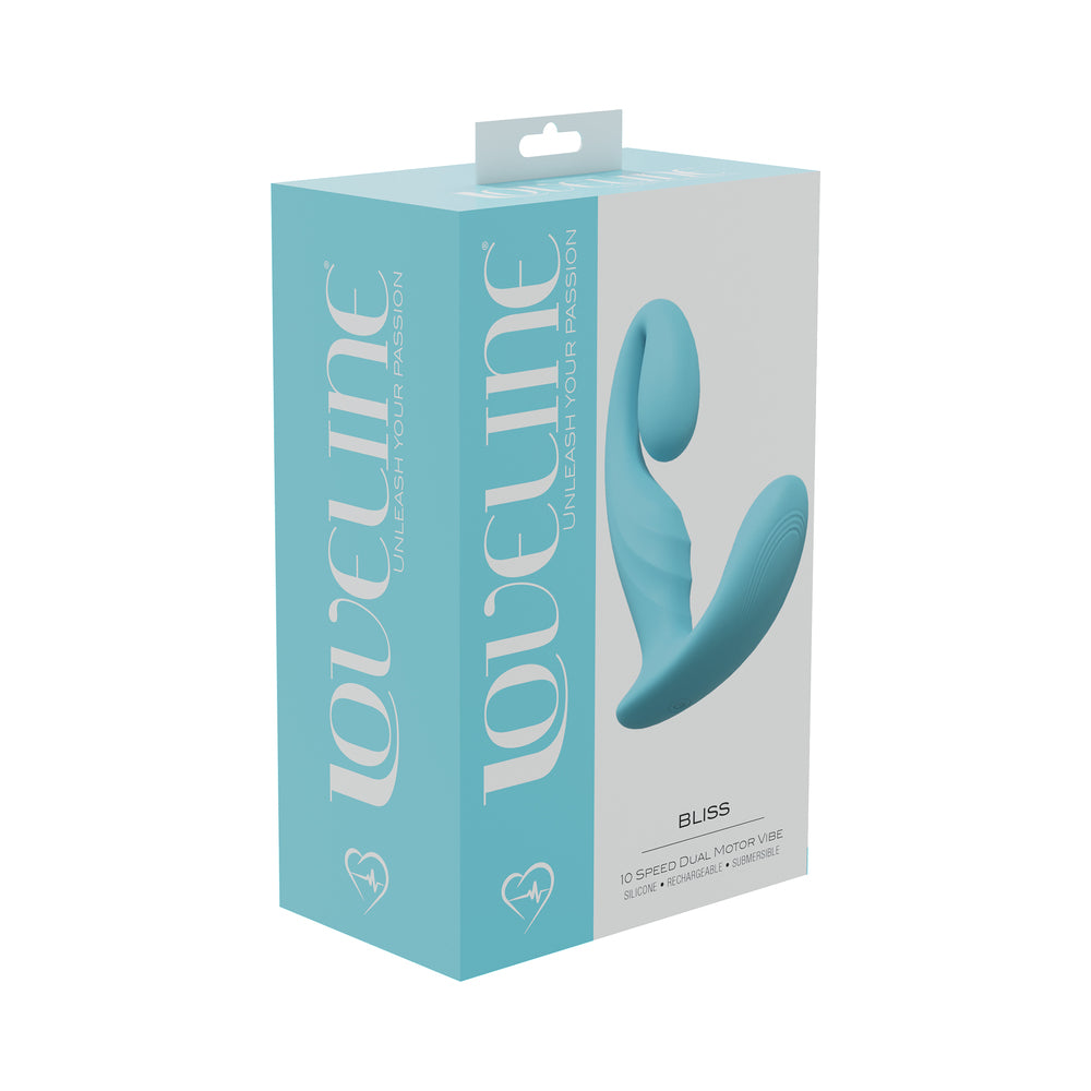 LoveLine Bliss 10 Speed Dual Motor Vibe Sealed Silicone Rechargeable Submersible Blue teal LoveLine Bliss curved twin-arm vibrator pictured beside aqua box