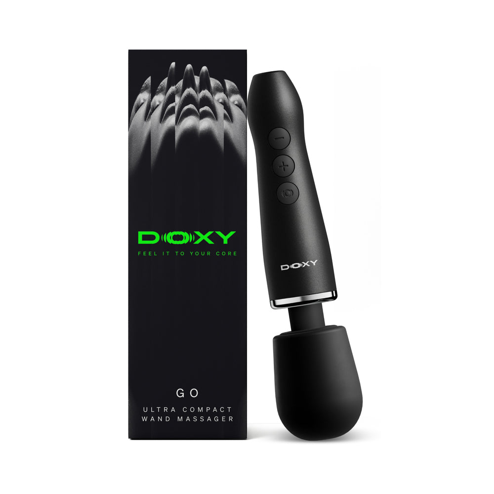 Doxy Go Travel-Sized Wand Massager Black Doxy Go travel black wand beside black retail box