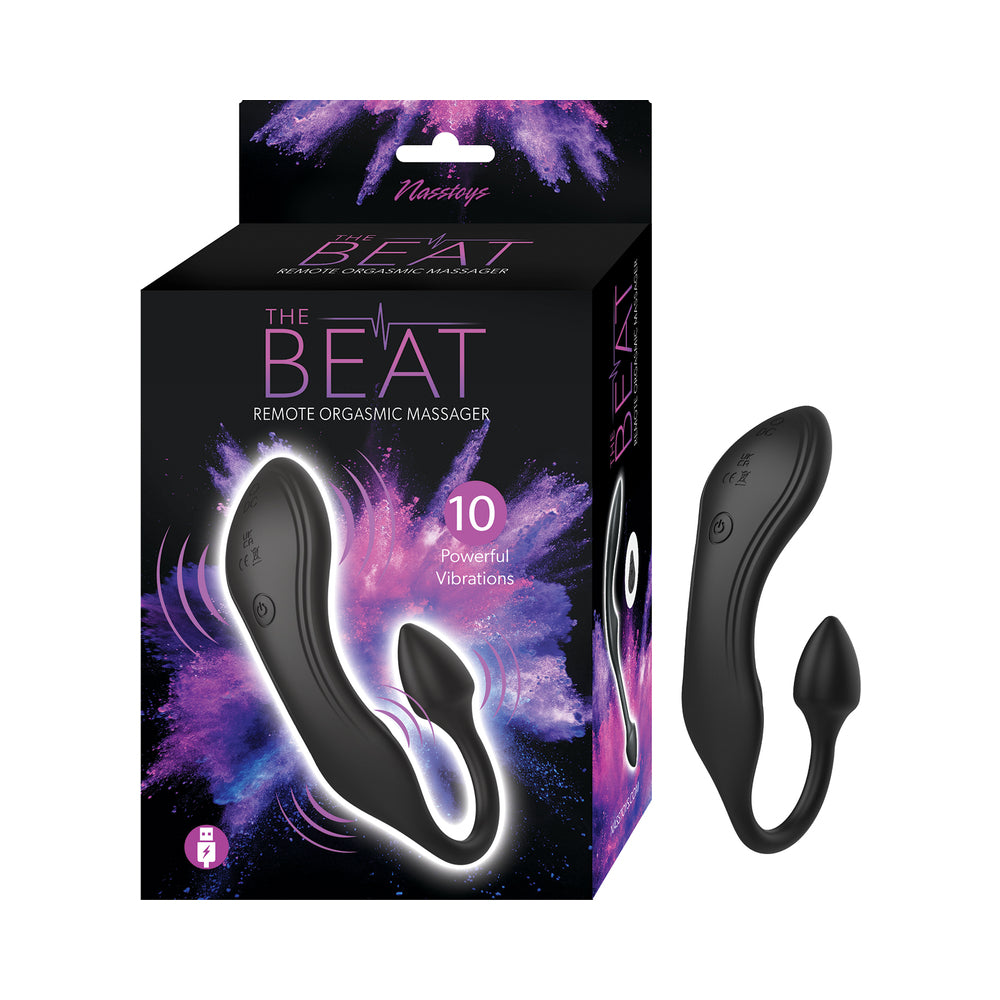 The Beat Remote Orgasmic Massager Black Black Nasstoys The Beat massager beside retail box