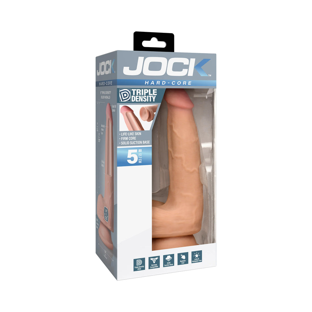 JOCK Hard-Core 5 in. Triple Density Dildo with Balls JOCK Hard-Core triple-density dildo with balls visible through blue retail box