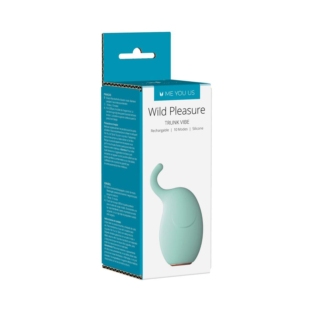 Me You Us Wild Pleasure Trunk aqua Me You Us Wild Pleasure vibrator with curved elephant trunk tip on teal box