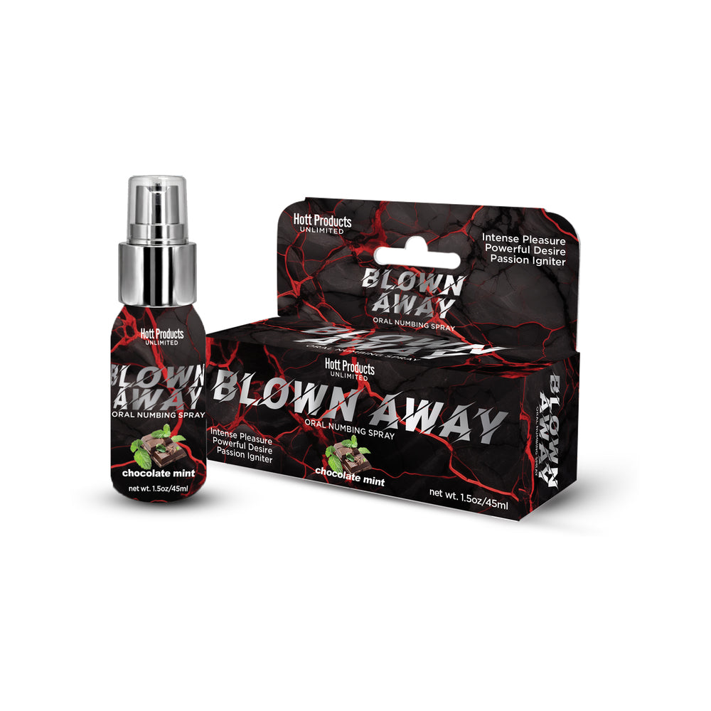 Blown Away Numbing Spray Chocolate Mint 1.5 oz. Blown Away Chocolate Mint spray 1.5 oz bottle beside black and red display carton