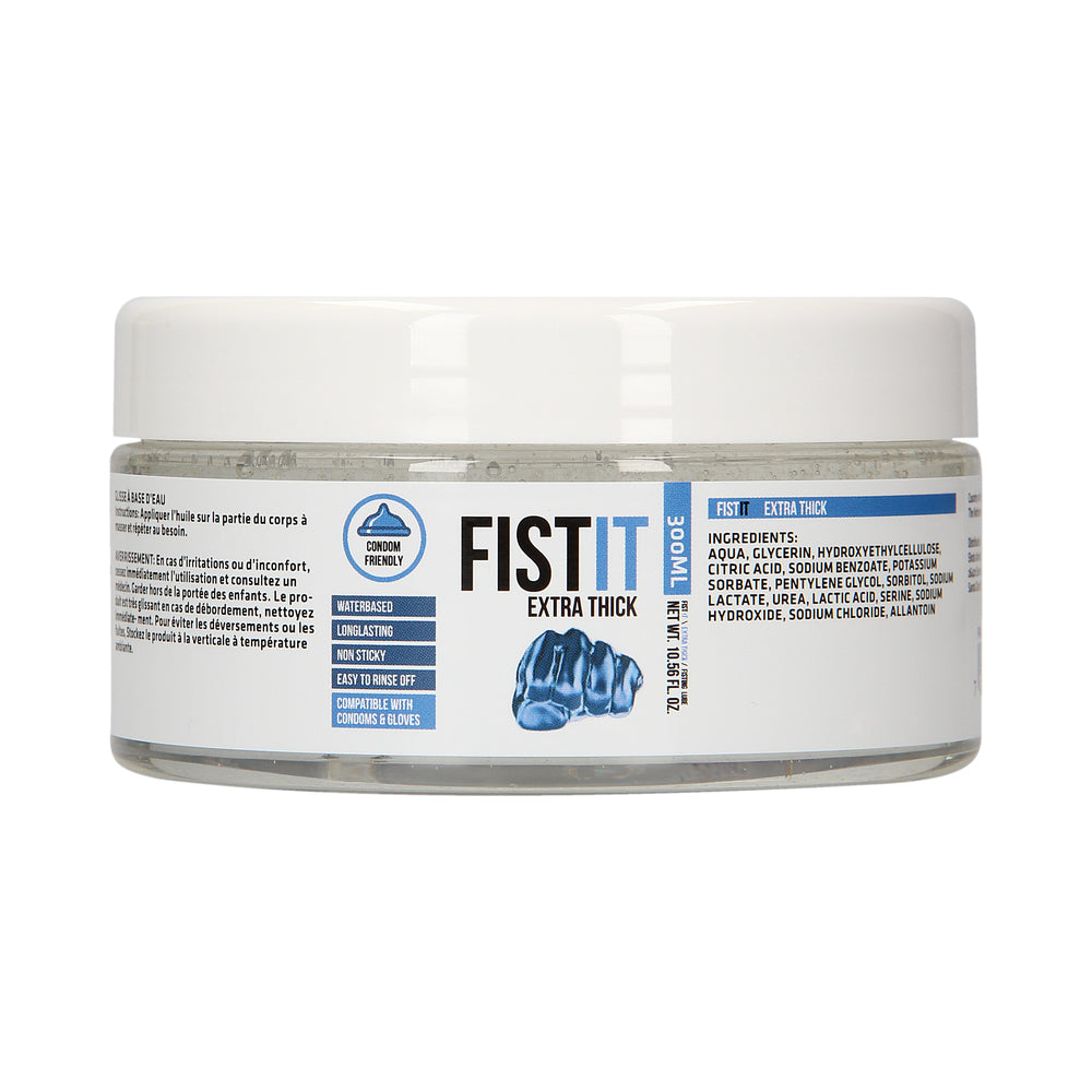Fist It Extra Thick Water-Based Fisting Lube 300ml / 10.56 oz. Front of clear 300 ml Fist It Extra Thick jar with white lid