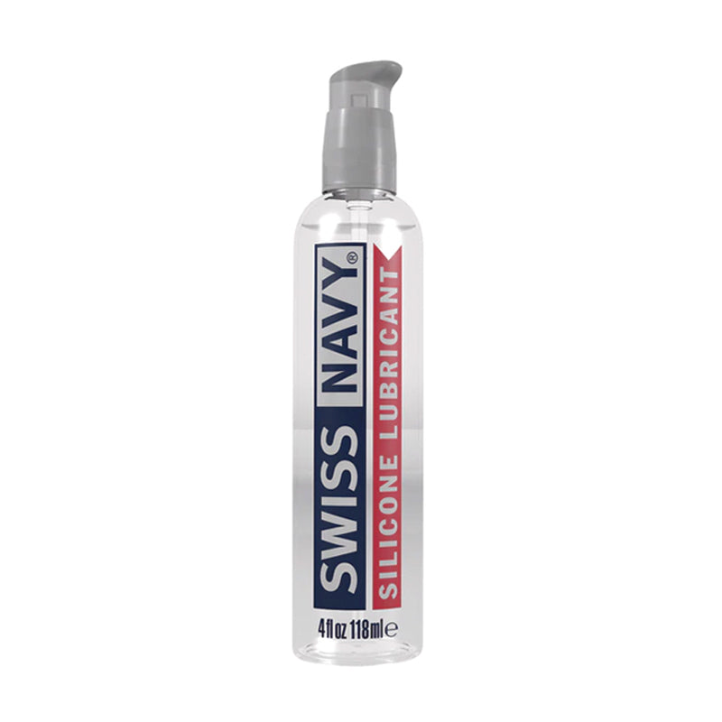 Swiss Navy Silicone Lubricant 4 oz. Swiss Navy four-ounce silicone lubricant in transparent pump bottle