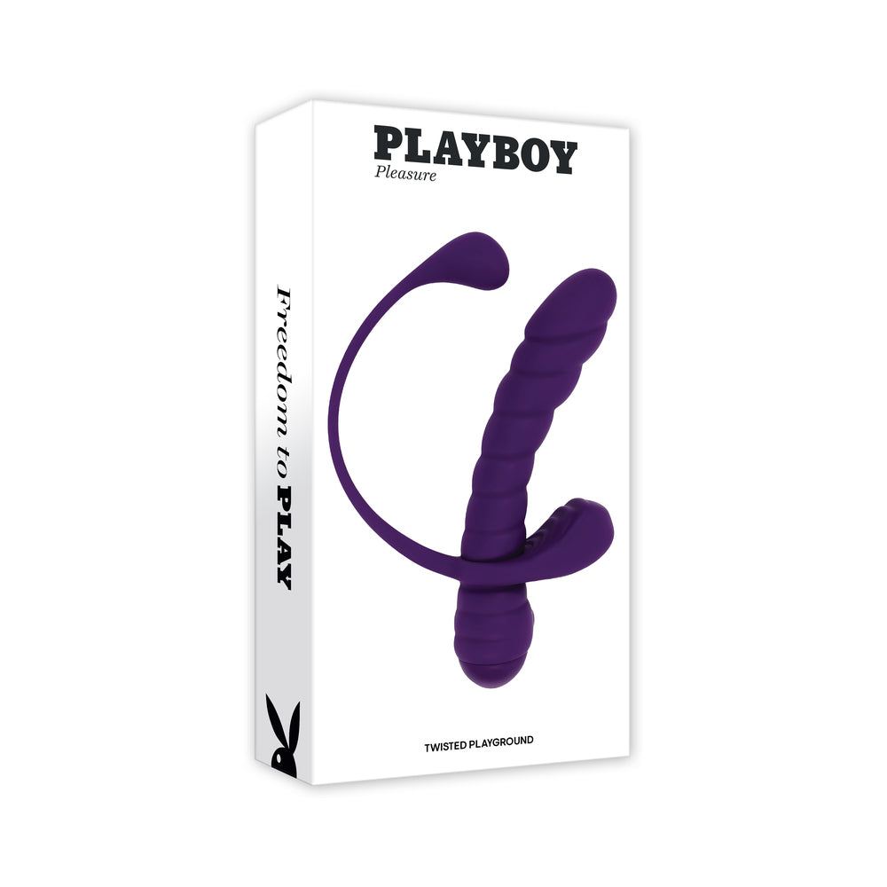 Playboy Twisted Playground Rechargeable Triple Stimulator Vibe Silicone Purple Acai Purple Playboy Twisted Playground triple-stimulator shown on white retail box