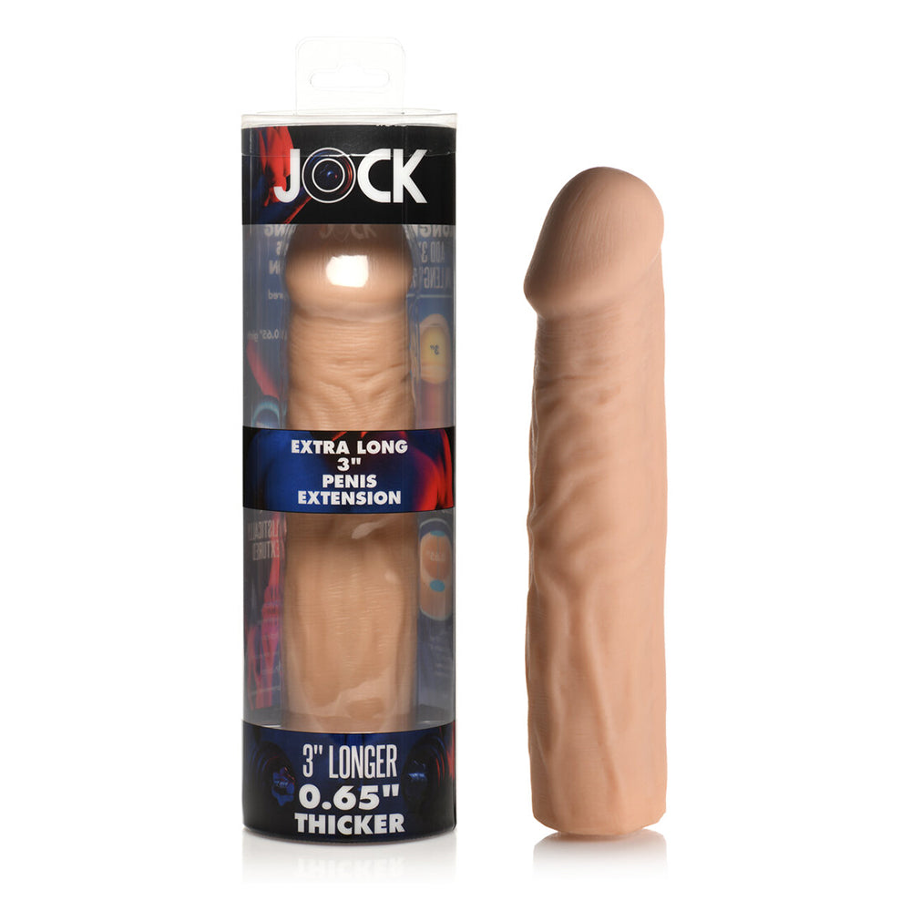 Jock Extra Long Penis Extension Sleeve 3 in. Light light beige Jock extra-long textured TPE extension sleeve beside retail box