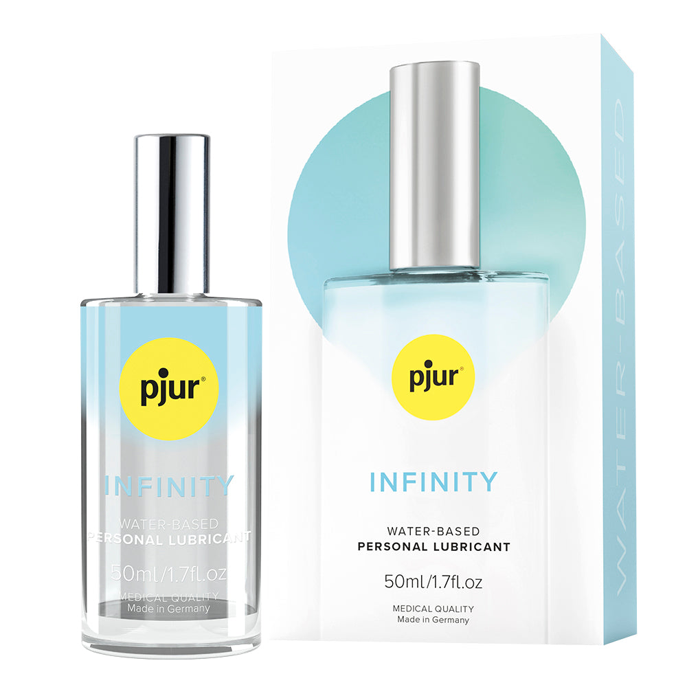Pjur Infinity water-based lubricant beside aqua box