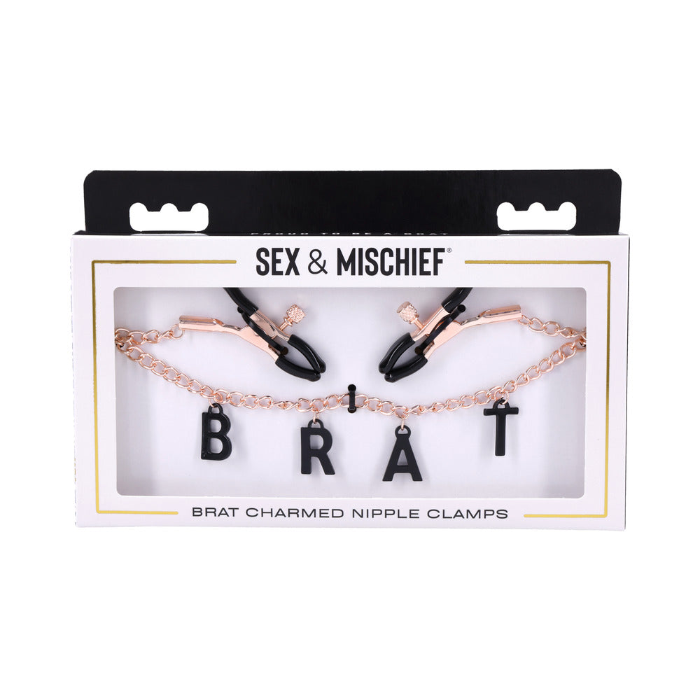 Sportsheets Sex & Mischief Brat Charmed Nipple Clamps rose gold Sportsheets nipple clamps with black BRAT letter charms in window box