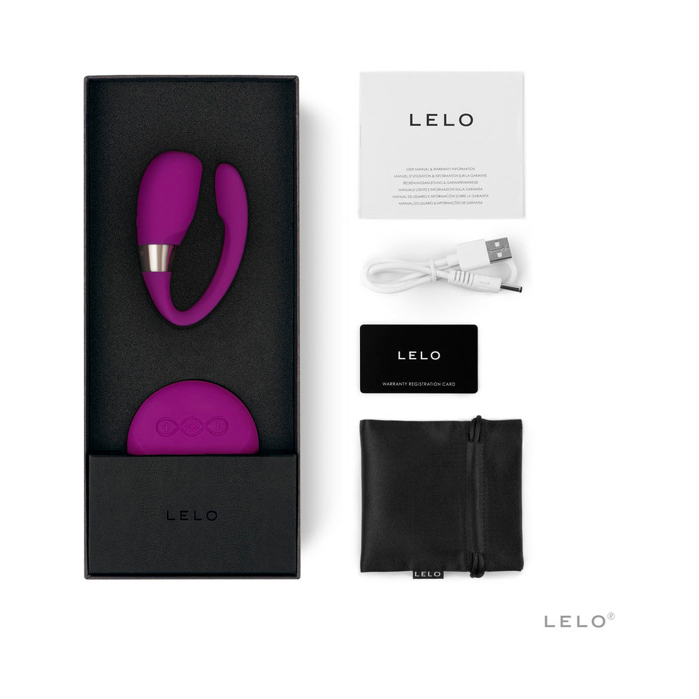 LELO TIANI 3 Rechargeable Dual Stimulation Couples Vibrator With Remote Deep Rose Purple LELO TIANI 3 set with black box, remote, cable and pouch