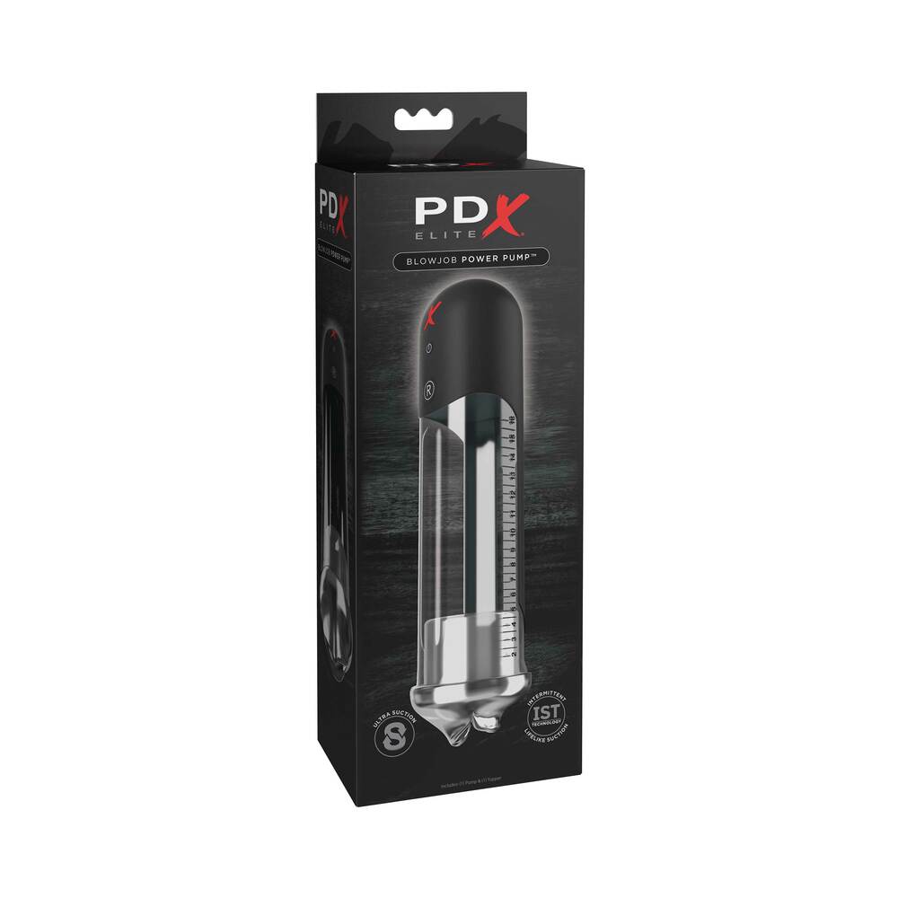 PDX Elite Blowjob Power Pump Automated Suction Clear/Black PDX Elite Blowjob Power Pump Clear Black in tall black retail carton