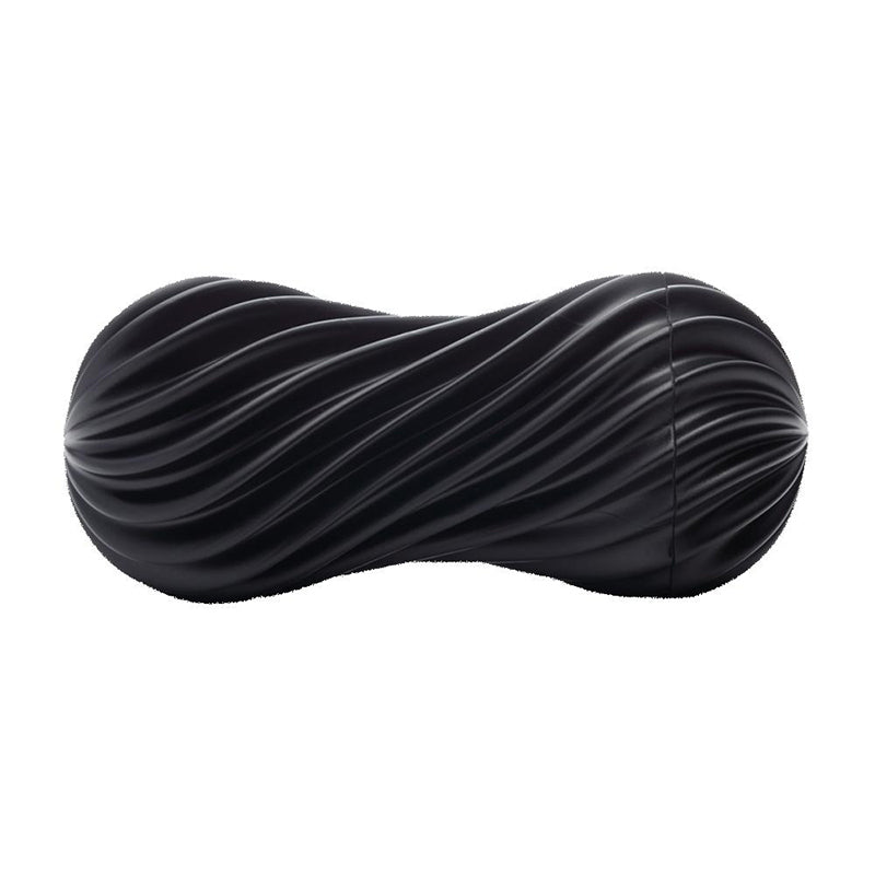 Tenga FLEX Rocky Black Tenga Flex Rocky Black stroker horizontal hourglass shape with raised black spiral ribs and rounded ends