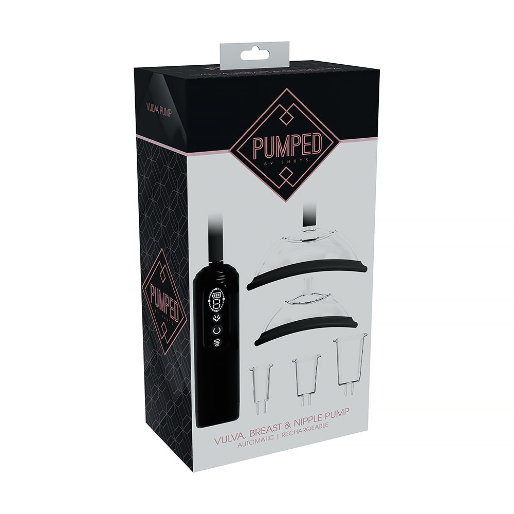 PUMPED Automatic Rechargeable Vulva, Breast & Nipple Pump Black PUMPED black rechargeable pump black and white retail box front view