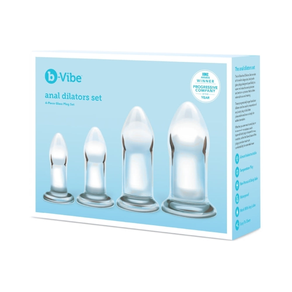 b-Vibe 4-Piece Anal Dilators Glass Plug Set b-Vibe anal dilators retail box showing four clear glass plugs