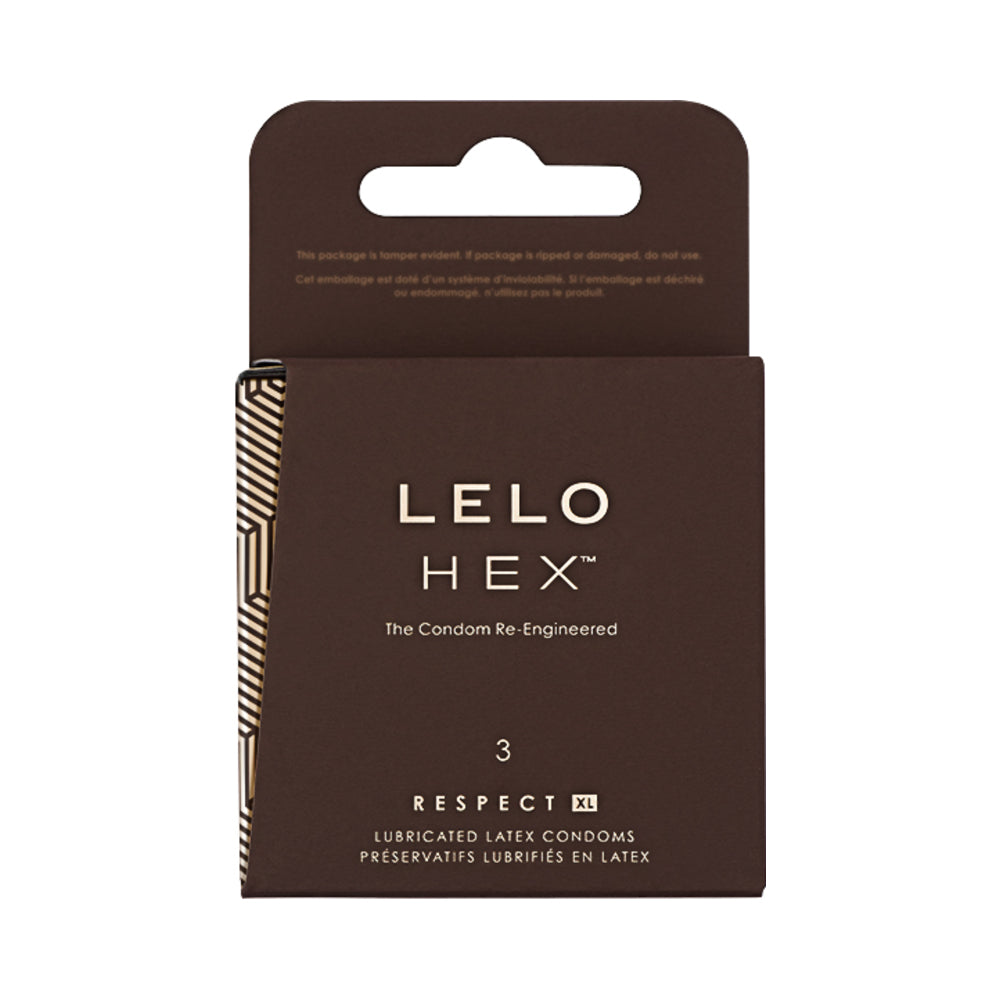 LELO HEX Respect XL Lubricated Latex Condoms 3-Pack Front view of brown LELO HEX Respect XL three-count carton