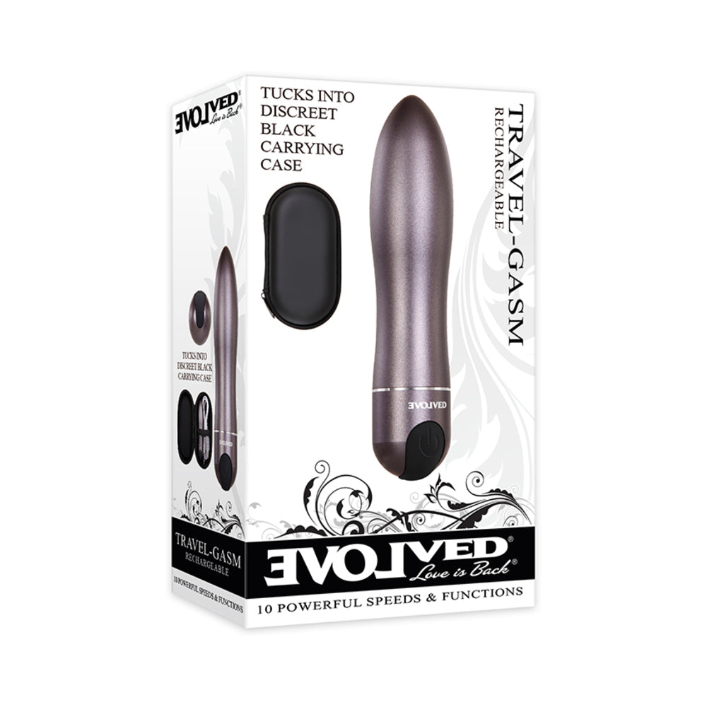 Evolved Travel-Gasm Rechargeable Metal Bullet Vibrator With Carrying Case Gunmetal Evolved Travel-Gasm gunmetal bullet vibrator in white retail box