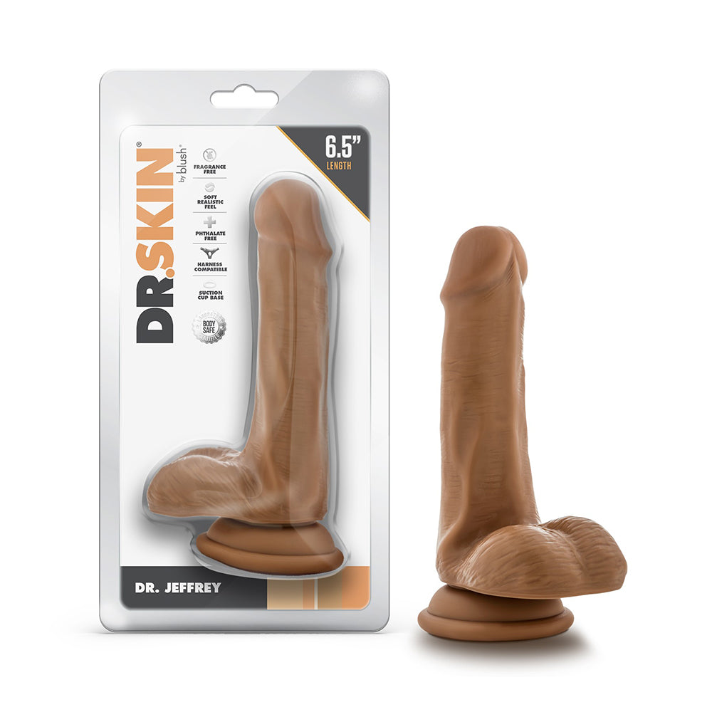 Dr. Skin Dr. Jeffrey Realistic 6.5 in. Dildo with Balls Tan Blush Dr. Skin Dr. Jeffrey tan 6.5 inch TPE dildo beside front retail package