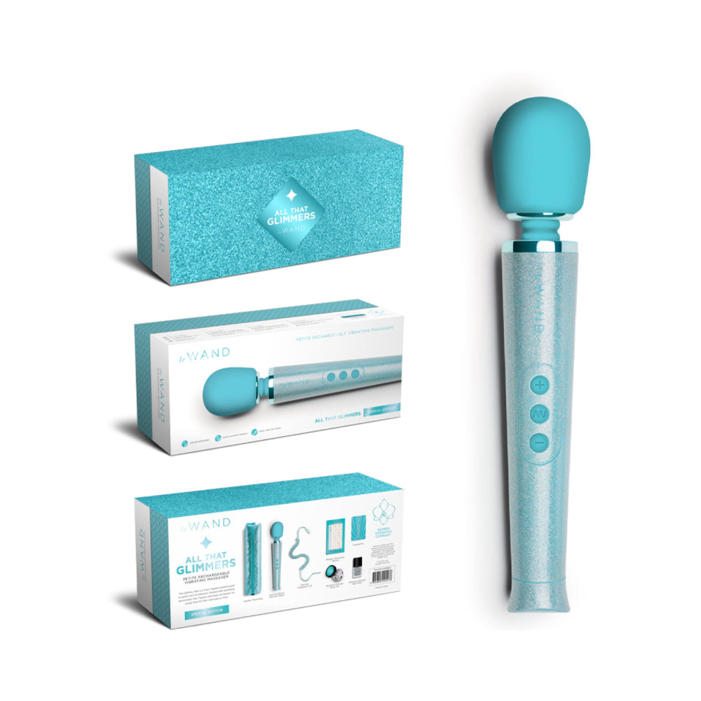 Le Wand All That Glimmers Petite Rechargeable Vibrating Massager Special Edition Set Light Blue Light blue All That Glimmers Petite massager with three boxes