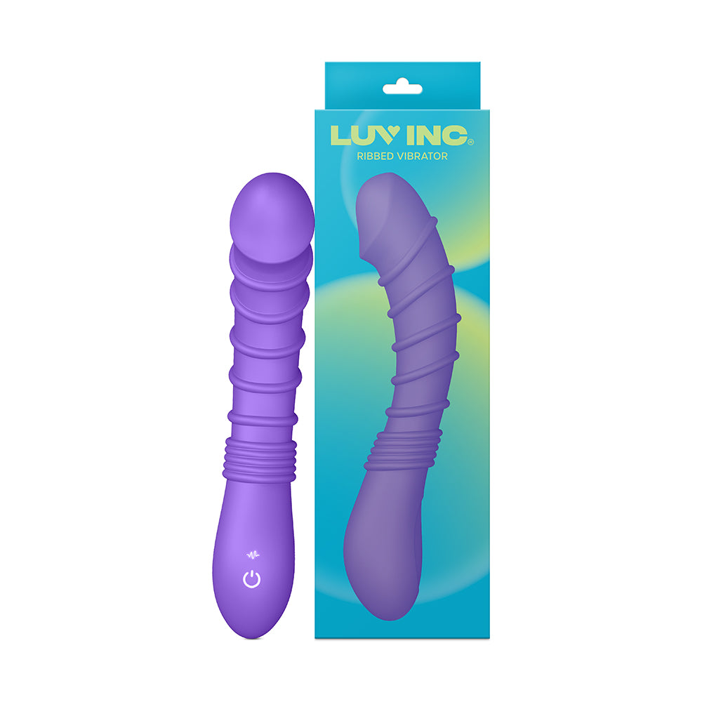 Luv Inc Rv21: Ribbed Vibrator Purple Purple Luv Inc RV21 curved ribbed vibrator displayed beside teal package