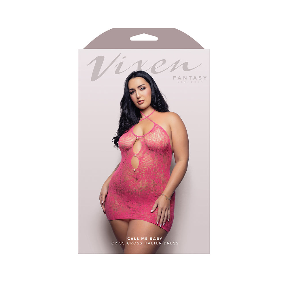 Fantasy Lingerie Vixen Call Me Baby Criss-Cross Halter Tie Dress with Pearl Details Hot Pink Queen Size Call Me Baby hot pink halter dress Queen retail box