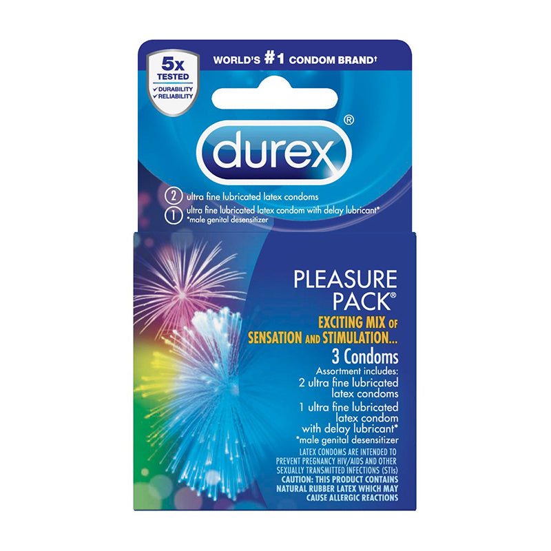 Durex Pleasure Pack blue box with three assorted latex condoms