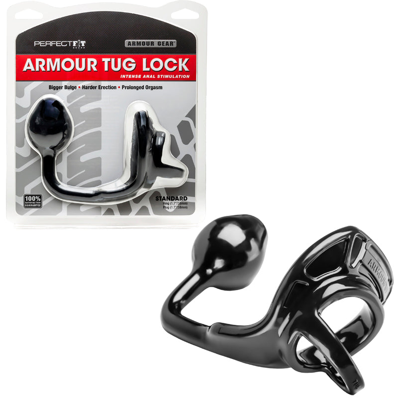 Perfect Fit Armour Tug Lock - Black Perfect Fit Armour Tug Lock black linked ring and plug beside package