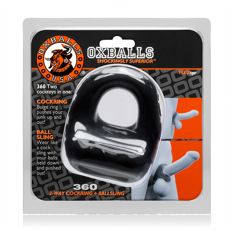OxBalls 360, Cockring & Ballsling, Black OxBalls 360 Black Ring and Ball Sling inside orange black hanging package