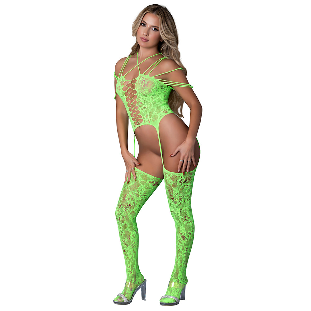 Magic Silk Seamless Bodystocking Neon Lime O/S Model wearing neon lime Magic Silk cutout bodystocking with thigh-high legs