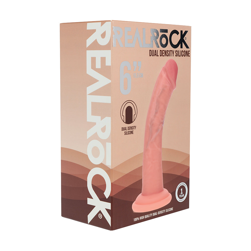 Realrock Dual Density Silicone Realistic Curved Dildo 6 in. Beige Shots Realrock 6-inch beige curved dual-density dildo displayed in its brown retail box