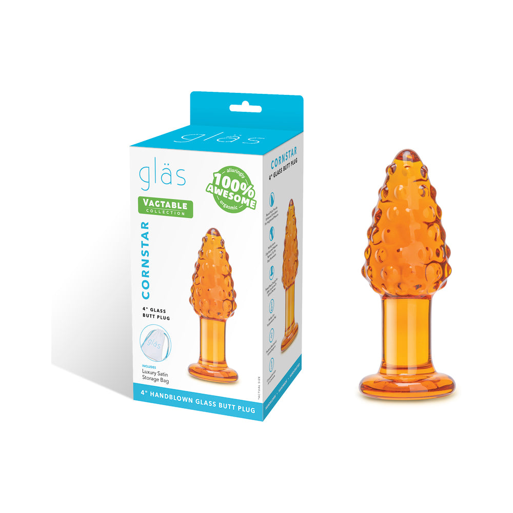 Glas Cornstar 4 in. Glass Butt Plug Orange textured Glas Cornstar glass butt plug beside turquoise retail box