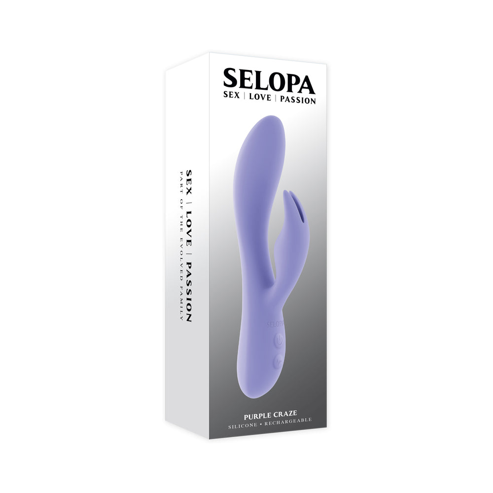 Selopa Purple Craze Dual Vibe With Ear-Shaped Stimulator Purple Selopa Purple Craze lavender ear-shaped dual vibrator displayed in the tall white Selopa retail box