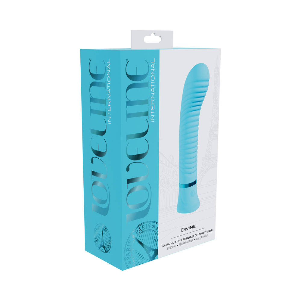 Loveline Divine Rechargeable Silicone Ribbed G-Spot Vibrator Blue Blue Loveline Divine ribbed vibrator in turquoise retail box