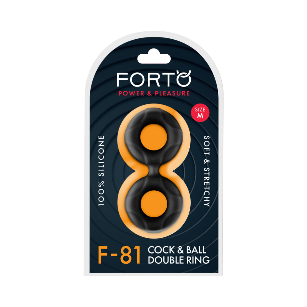 Forto F-81 Liquid Silicone Cock & Ball Double Ring Medium Black Forto F-81 medium black double ring package front